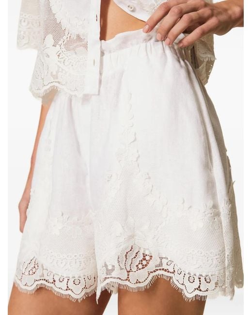 Twinset White Linen Shorts With Lace