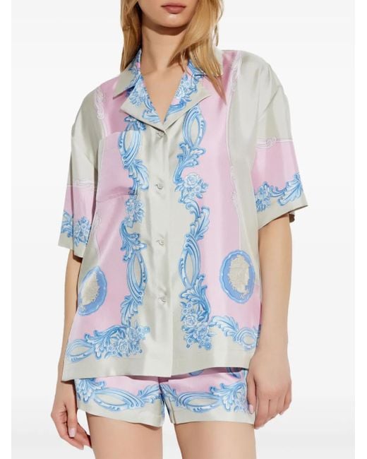 Versace Blue Silk Shirt With Medusa Cameo Print