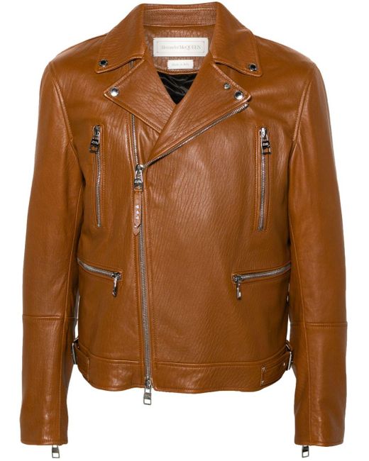 Veste de moto en cuir à fermeture zippée Alexander McQueen pour homme en coloris Brown