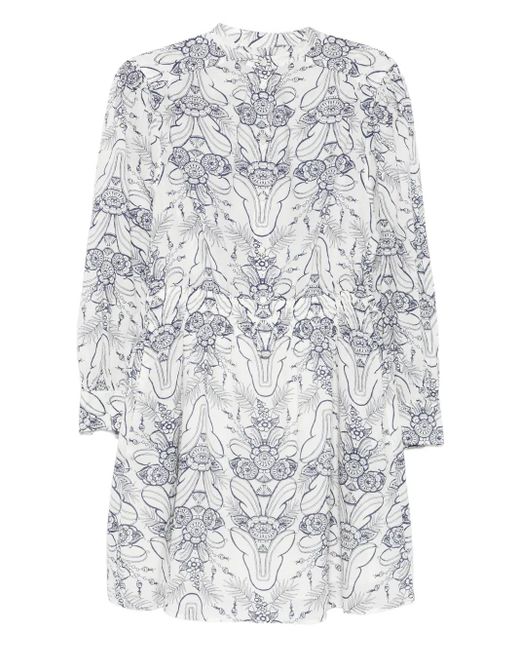 Marc O' Polo White Floral-Pattern Long-Sleeve Mini Dress