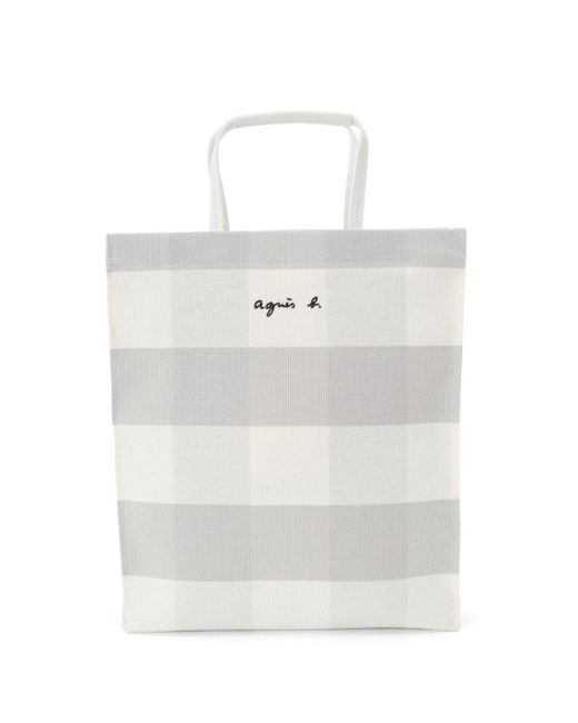 Agnes B. White Check-pattern Canvas Tote Bag