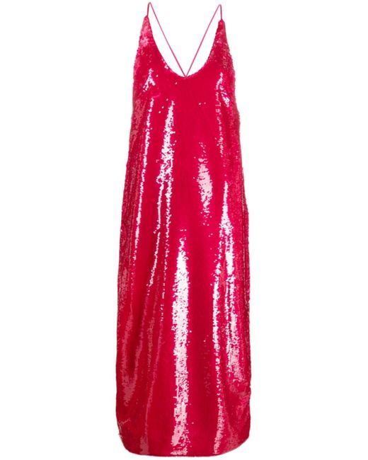 Ganni Sequin-embellished Midi Dress in Red | Lyst