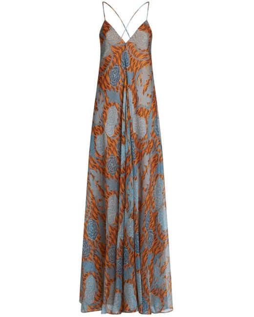 Etro Blue Floral-print Silk Maxi Dress
