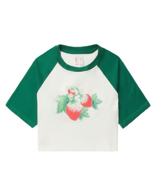YUHAN WANG Green Strawberry-print Cropped T-shirt