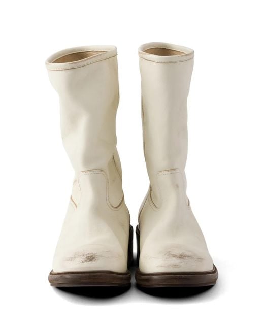 Prada White Vintage-Effect Leather Boots