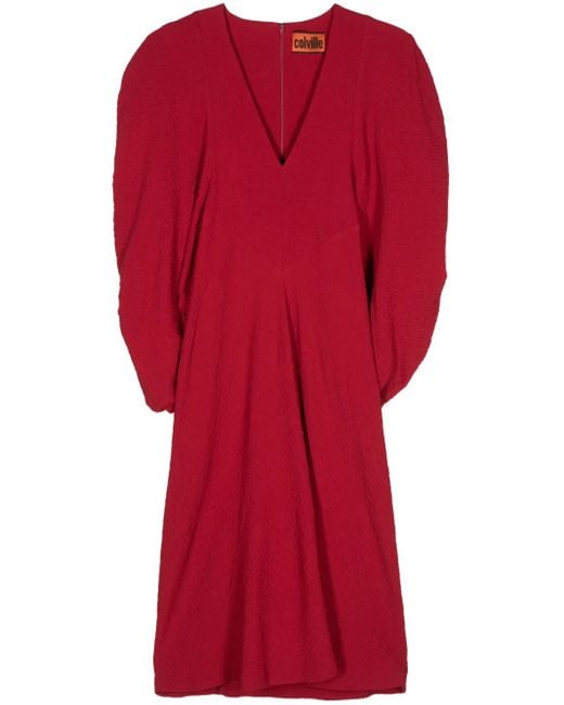 Colville Red Puff-Sleeve Crepe Midi Dress