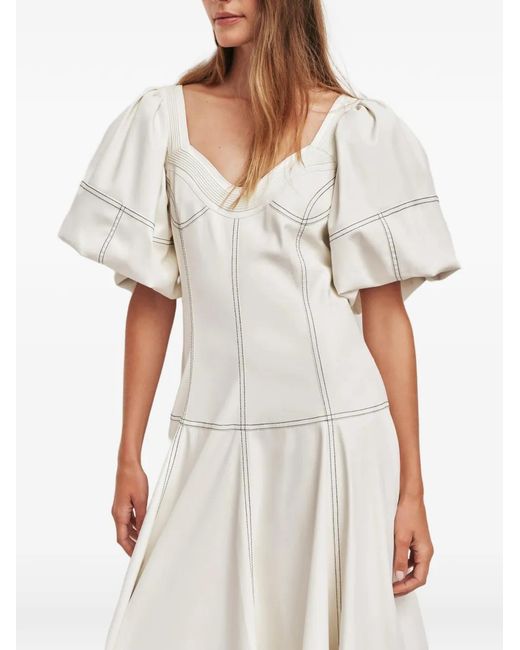 Aje. White Robe Mi-Longue Ether À Manches Bouffantes