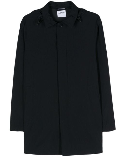 Aspesi Black Detachable Hood Buttoned Coat for men