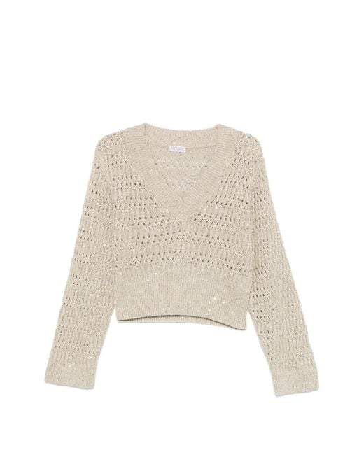 Brunello Cucinelli Natural Pull Ajouré À Col V