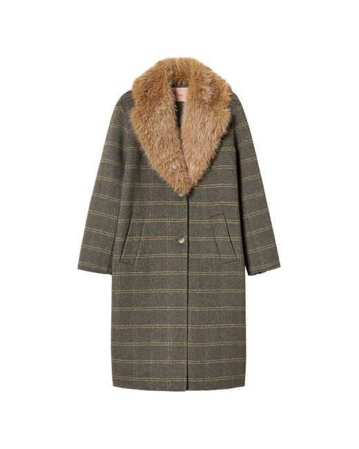 Twinset Gray Chequered Double Wool Coat With Faux-Fur