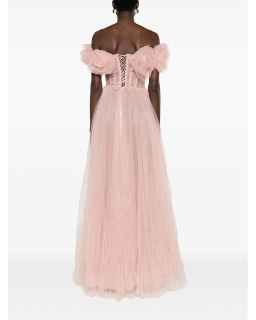 Ana Radu Pink Rose-Appliqué Tulle Gown Dress