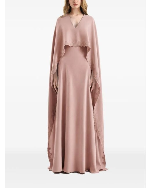 Gemy Maalouf Pink Embroidered-Cape V-Neck Dress