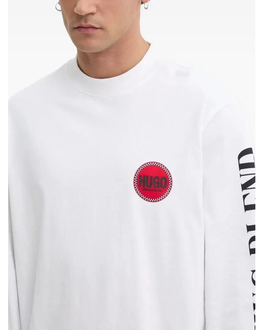 HUGO White Long-Sleeve Racing-Print T-Shirt for men