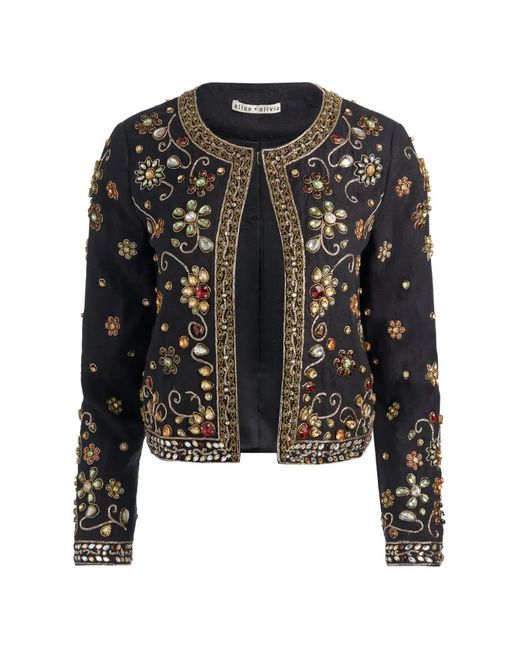 Alice + Olivia Black Crystal-Embellished Embroidered Jacket