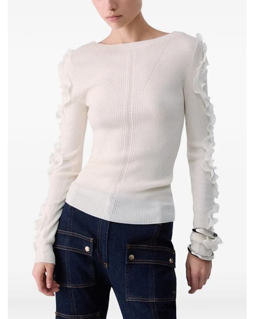 Liu Jo White Ruffled Openwork Sweater
