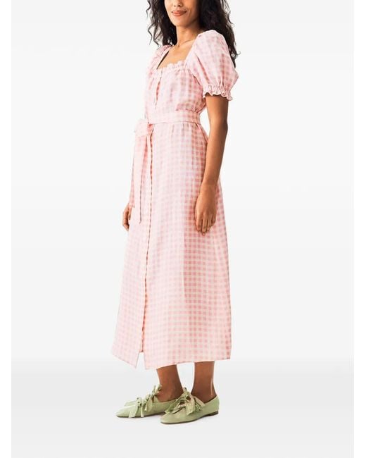 Sleeper Pink Brigitte Gingham-Check Linen Maxi Dress