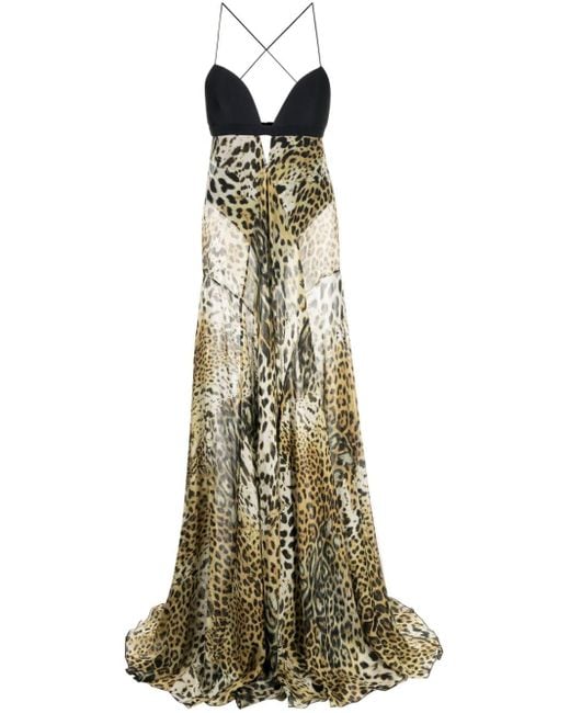 Roberto Cavalli Green Langes Kleid mit Leoparden-Print