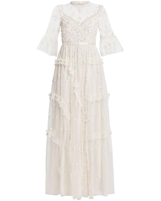 Needle & Thread White Ditsy Floral-embroidered Gown