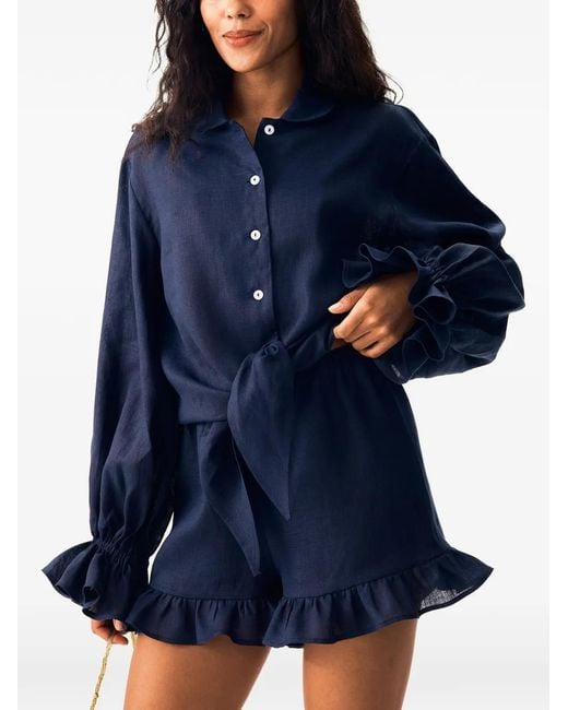 Sleeper Blue Ruffle-Trim Linen Shorts