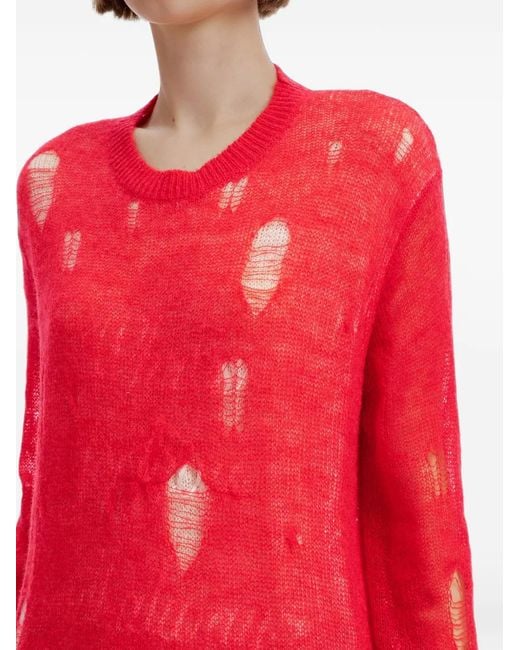B+ AB Red Distressed Semi-Sheer Sweater