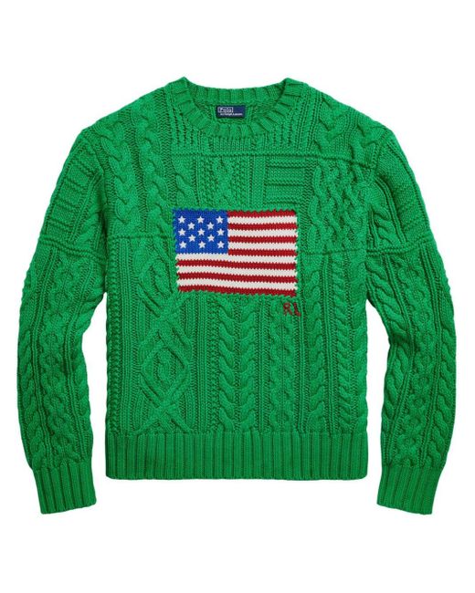 Polo Ralph Lauren Green Gestrickter Aran Flag Pullover