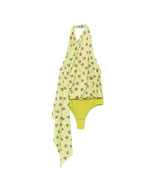 Coperni Yellow Draped Floral-Print Bodysuit