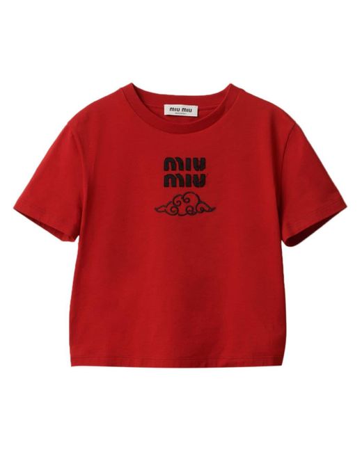 Camiseta con logo bordado Miu Miu de color Red