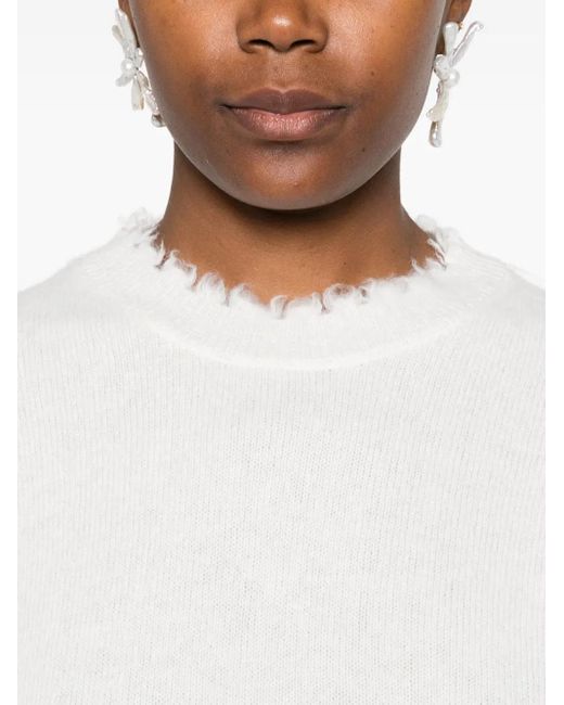 Antonelli White Frayed-Hem Round-Neck Sweater