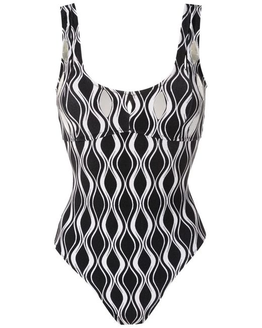 Amir Slama Black Wave-Print Hardware-Detail Swimsuit