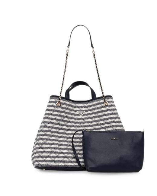 Guess Blue Giully Striped Diamond-Quilted Tote Bag