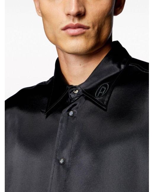 DIESEL Shirt aus Satin mit Logo-Stickerei am Kragen in Black für Herren