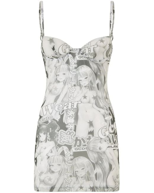 Gcds Gray Hentai-Print Embrodered Mini Dress