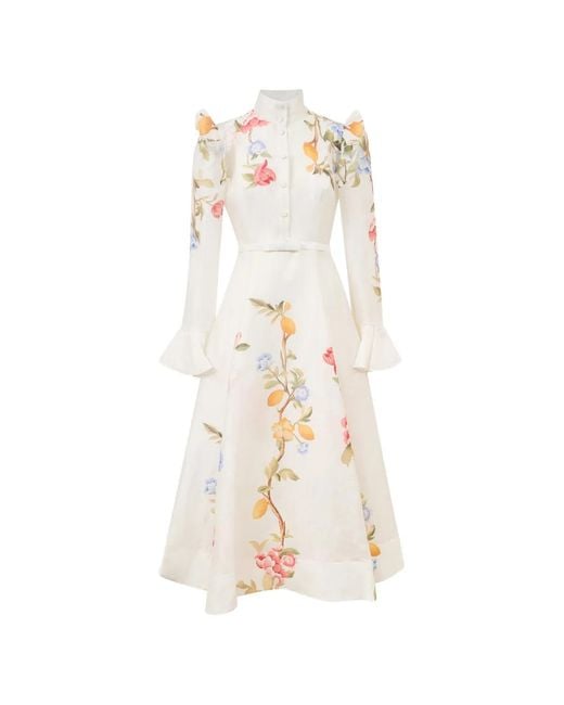 LEO LIN White Floral-Print Ruffled-Shoulder Midi Dress