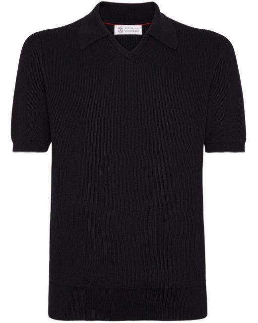 Brunello Cucinelli Black Short-sleeves Ribbed Polo Shirt for men