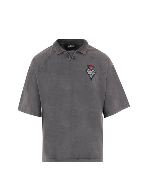 Just Cavalli Gray Flame-Heart Embroidered T-Shirt for men