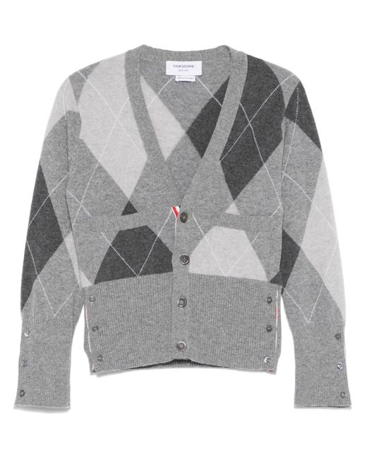 Thom Browne Gray Argyle-Pattern Cashmere Cardigan for men
