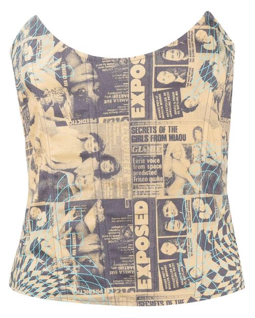 Miaou Leia Newspaper Print Corset Top in Brown Lyst