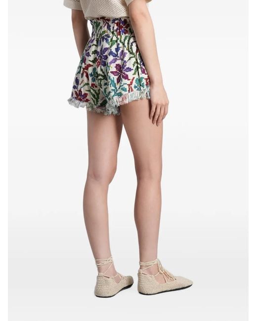 Siedres Blue Floral-Print Fringed Shorts