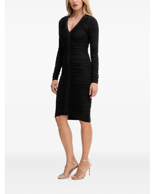 Marciano Black Ruched-Detail V-Neck Midi Dress