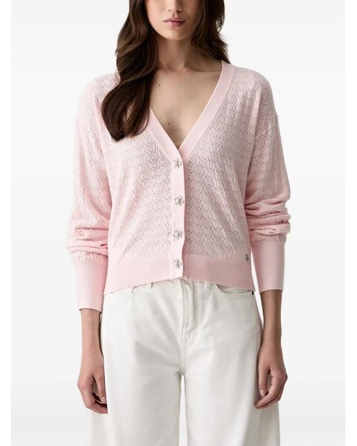 Guess Pink Pointelle-Knit Flower-Button Cardigan