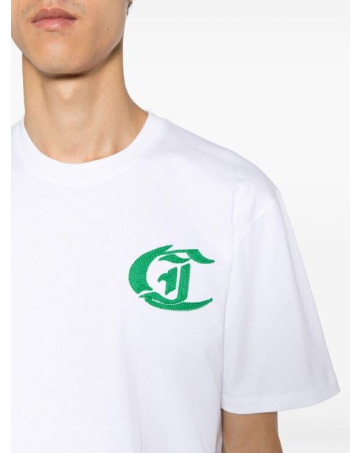 Just Cavalli White Slogan-embroidered Cotton T-shirt for men