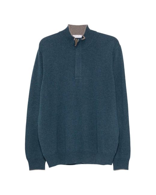 Gran Sasso Blue Quarter-Zip Elbow-Patch Wool Jumper for men