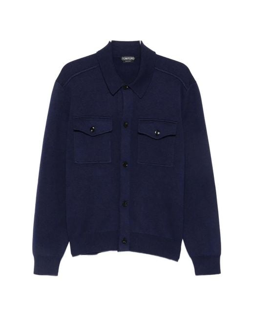 Tom Ford Blue Button-Up Chest-Pocket Shirt Jacket for men