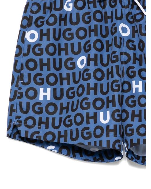 HUGO Blue Logo-Printed Swim Shorts for men