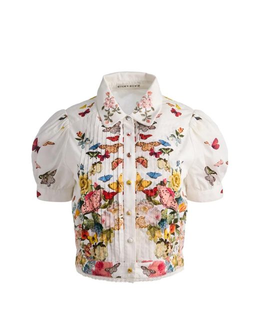 Alice + Olivia White Rosie Floral Puff-Sleeve Cropped Shirt