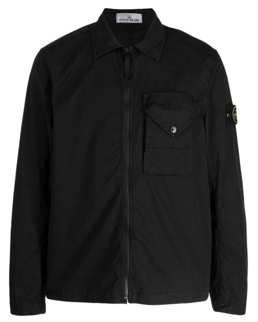 Stone Island Black Compass-patch Zip-up Overshirt for men