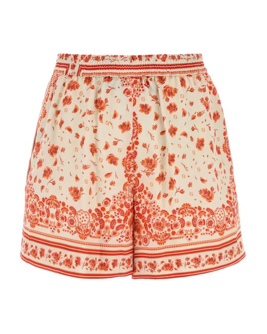 Fendi Orange Floral-Print Silk Shorts