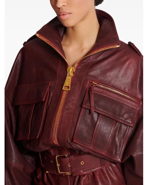 Balmain ベルテッド レザージャケット Red