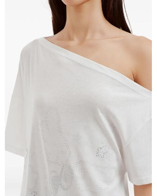 Mini Cream White Rhinestone-Embellished Asymmetric-Collar Cotton T-Shirt