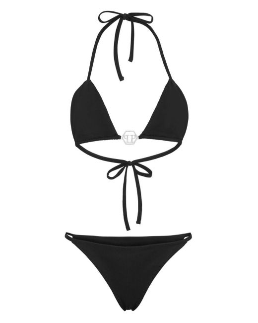 Philipp Plein White Triangel-Bikini mit Logo-Schild